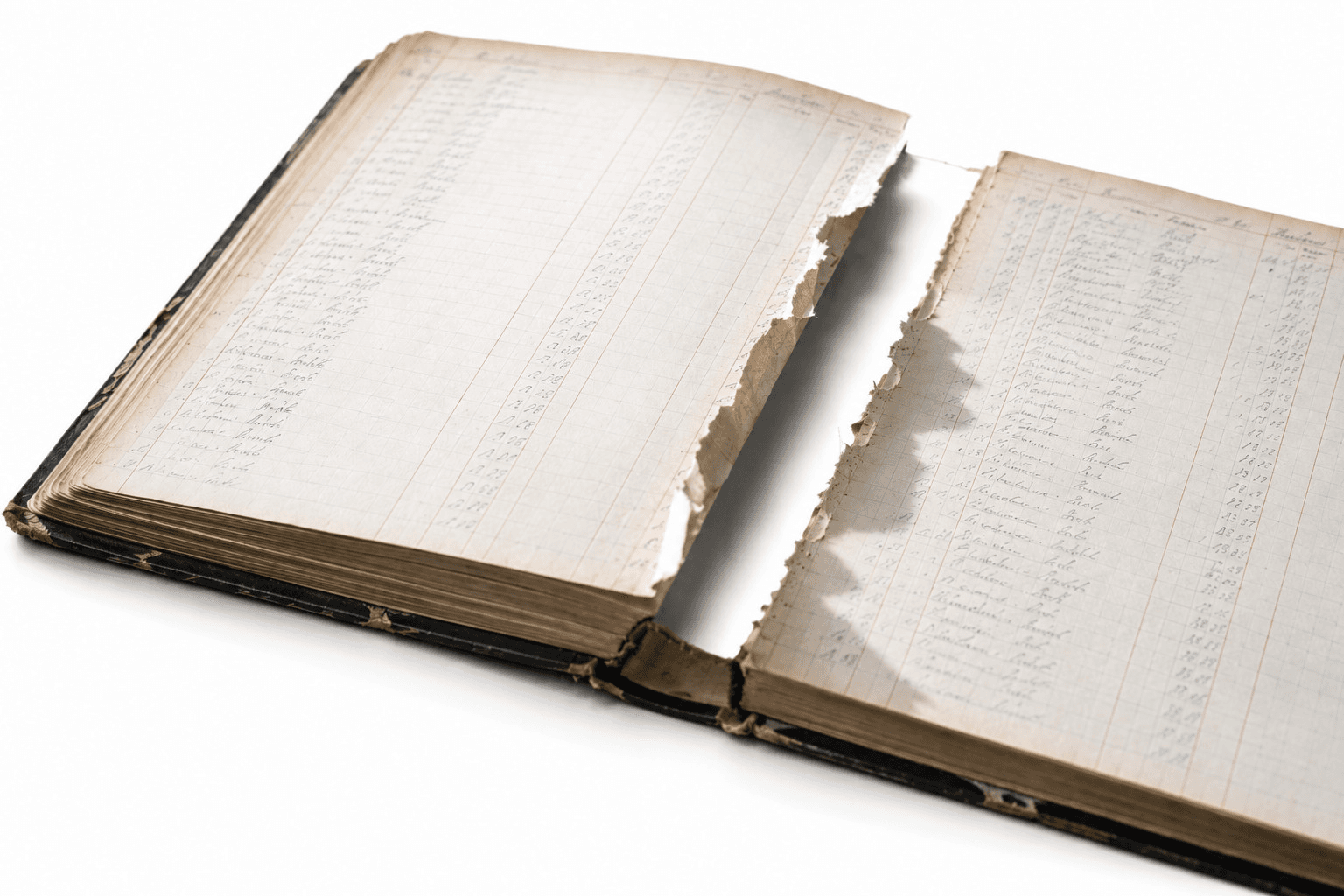 An open accounting ledger with one page torn out, the ruled rows left incomplete