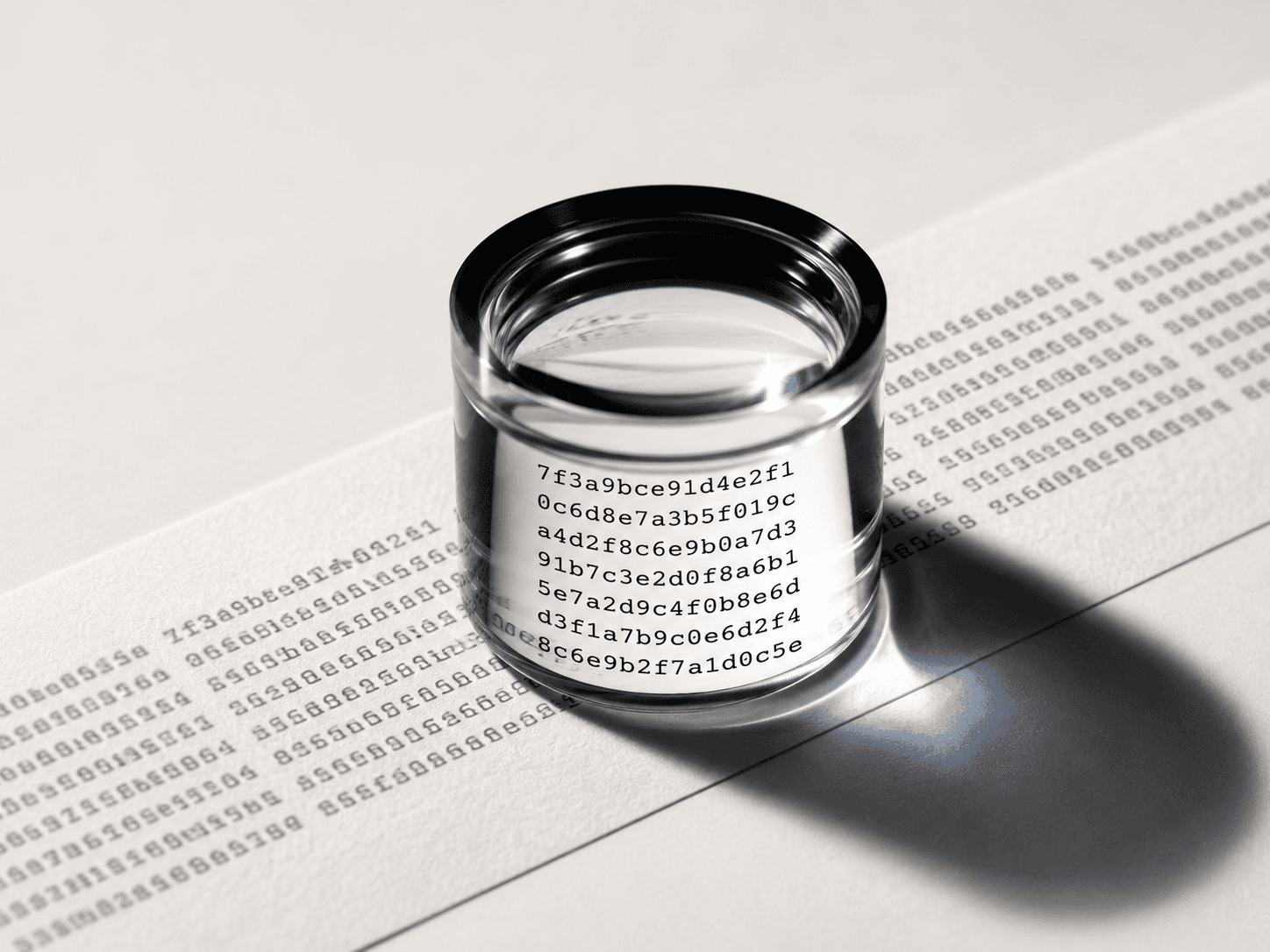 A glass loupe standing on a printed strip of hex, magnifying the rows beneath it into sharp focus